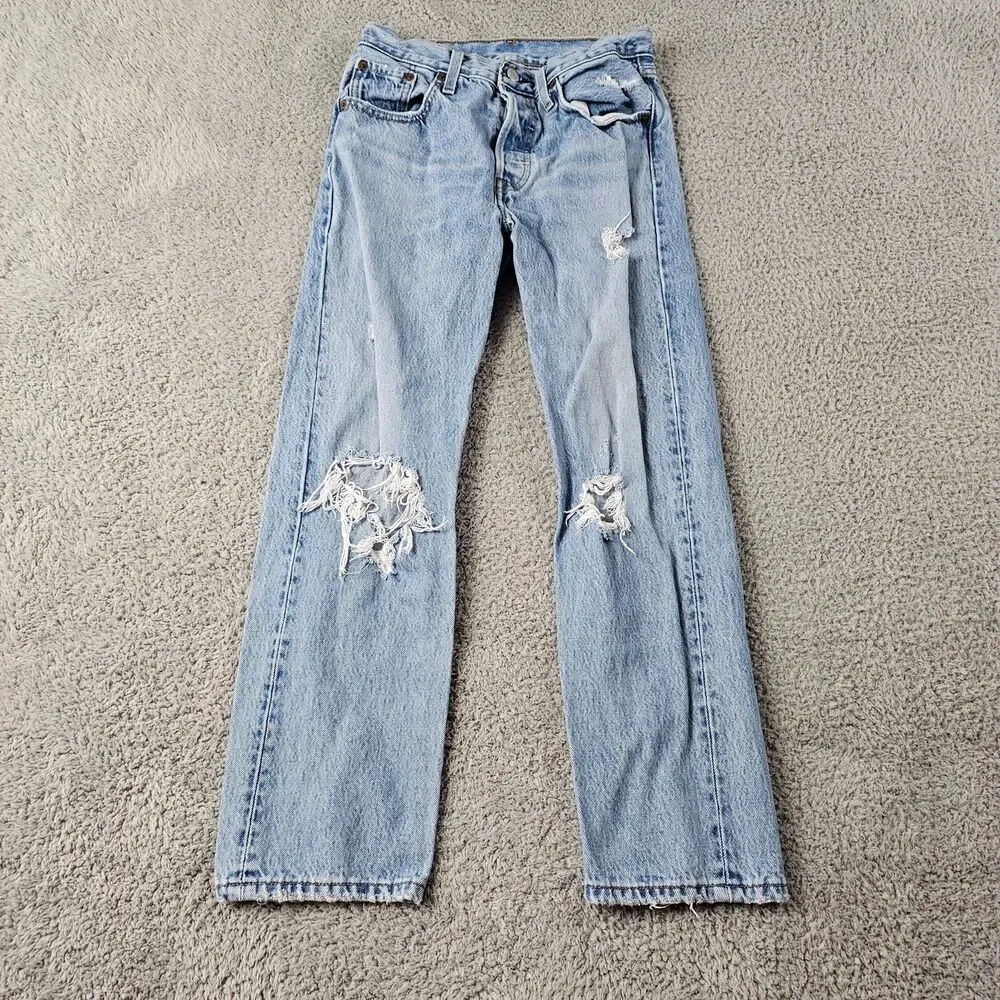 Levis 501 Jeans Mens 26x25 Blue Denim Premium Button Fly Big E Grunge Distressed